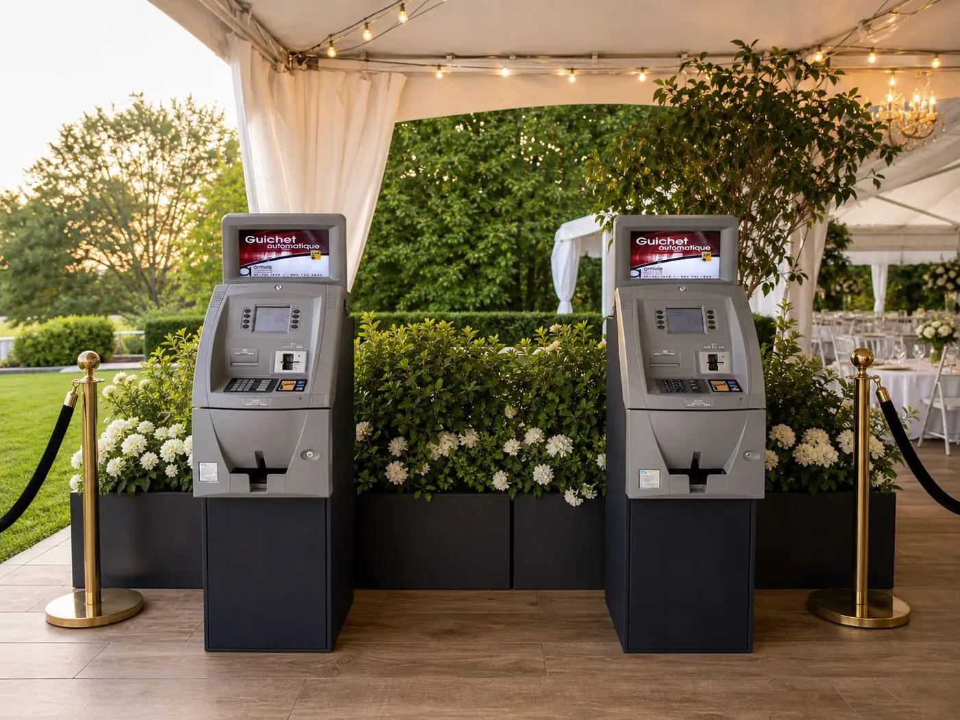 Guichets automatiques lors d'un événement privé sous chapiteau